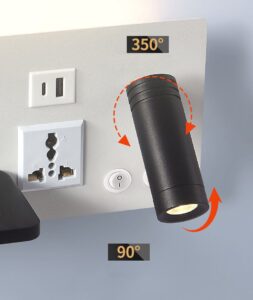 Modern Hotel Wall Lamp with Spotlight, Ambient Light, USB-A, Type-C Socket& Wireless Charging Sleek hotel wall sconce with adjustable spotlight, soft ambient light, USB-A/Type-C ports Socket, and wireless charging