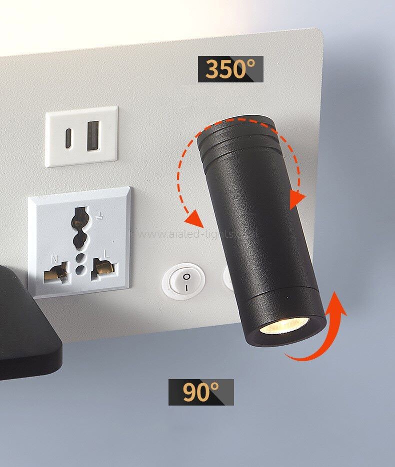 Sleek hotel wall sconce with adjustable spotlight, soft ambient light, USB-A/Type-C ports Socket, and wireless charging