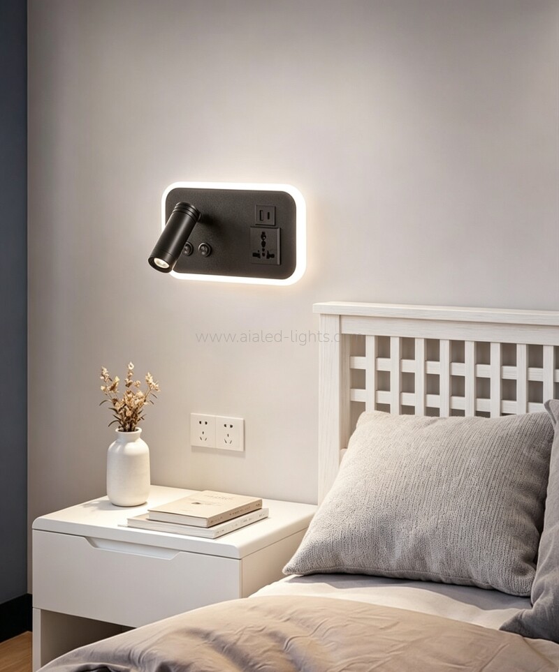 modern hotel wall lamp with spotlight, ambient light, usb a, type c socket& wireless charging