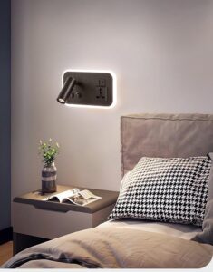 Modern Hotel Wall Lamp with Spotlight, Ambient Light, USB-A, Type-C Socket& Wireless Charging Sleek hotel wall sconce with adjustable spotlight, soft ambient light, USB-A/Type-C ports Socket, and wireless charging