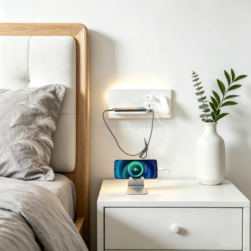 modern hotel wall lamp with spotlight, ambient light, usb a, type c socket& wireless charging