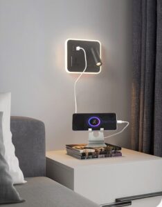 Modern Hotel Wall Lamp with Spotlight, Ambient Light, USB-A, Type-C Socket& Wireless Charging Sleek hotel wall sconce with adjustable spotlight, soft ambient light, USB-A/Type-C ports Socket, and wireless charging