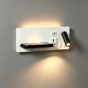 modern hotel wall lamp with spotlight, ambient light, usb a, type c socket& wireless charging