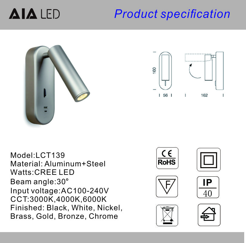Type-C headboard Reading Wall Lamp Hotel LED Wall Light
