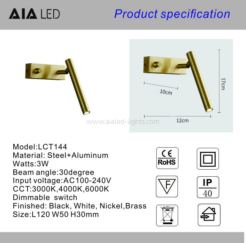Roraaty Dimmer Switch Reading Wall Light Bedside Wall Lamp Hotel Villa Project