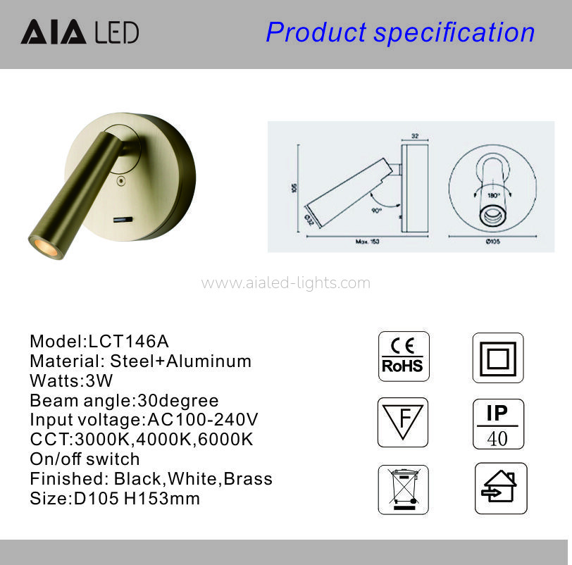 Wall Moounted Bedside Wall Light Hotel Villa Bdside Reading Lamp for bedroom