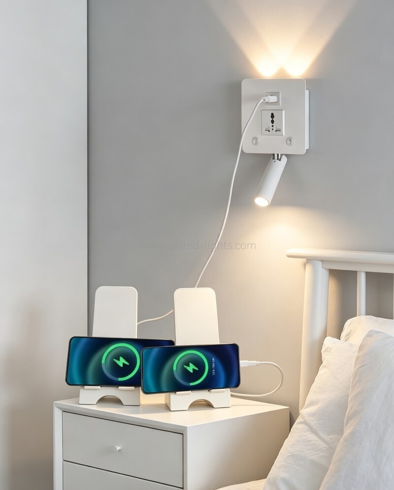 Headboard Wall Light with USB type-C Socket-White with spotlight light