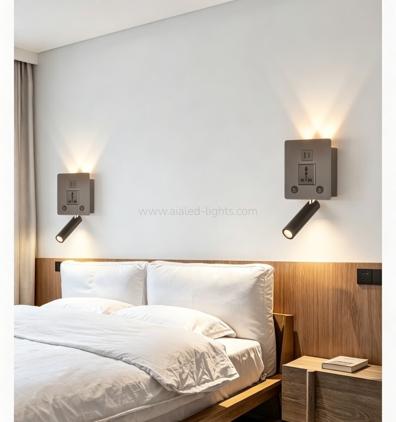 modern hotel wall lamp with spotlight, ambient light, usb a, type c socket& wireless charging (复制)