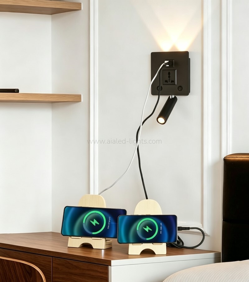 Reading Wall Lamp with USB Type-C & Socket with 2 Switches