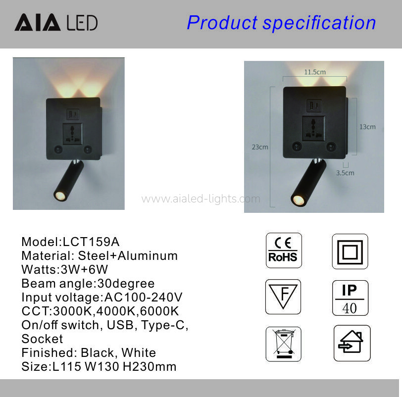 Headboard Wall Light with USB type-C Socket-Black