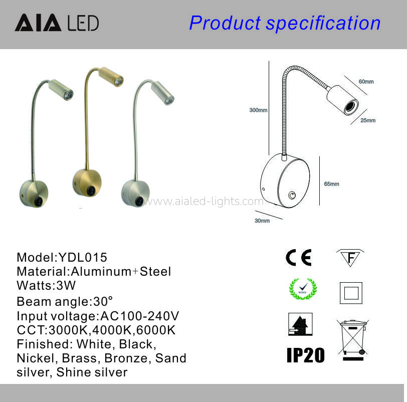 Type-C Bedside Wall Lamp 3W Gooseneck Flexible Adjustable Reading Wall Light