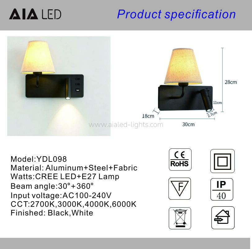 Wall Mounted 3W Spotlight Fabric E27 Shade Bedside Wall Lamp