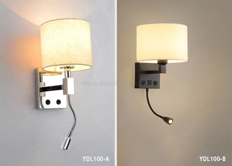 2Switches 3W Spotlight Fabric Shade E27 Bedside Wall Light with Type-C