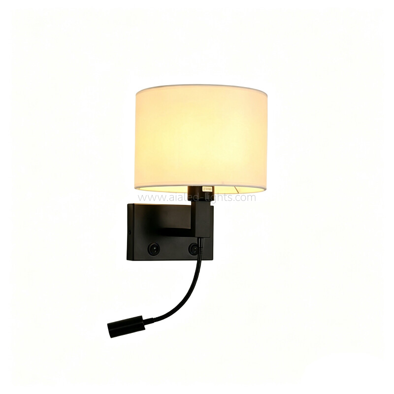 2Switches 3W Spotlight Fabric Shade E27 Bedside Wall Light with Type-C