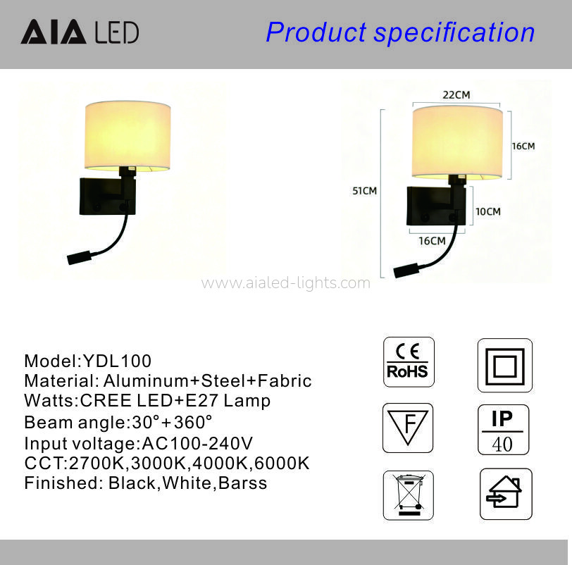 2Switches 3W Spotlight Fabric Shade E27 Bedside Wall Light with Type-C