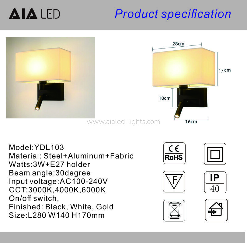 Surface 3W Spotlight Fabric E27 Shade Bedside Reading Wall Light
