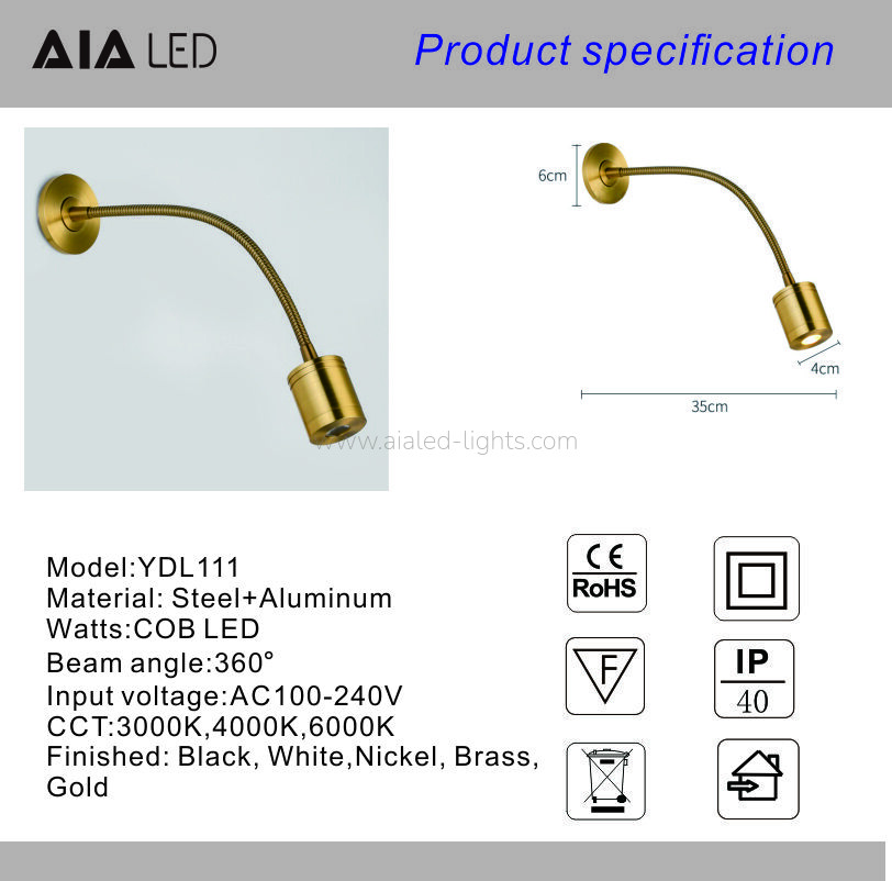 Resecced Wall Light 5W Gooseneck Flexible Adjustable Bedside Wall Lamp
