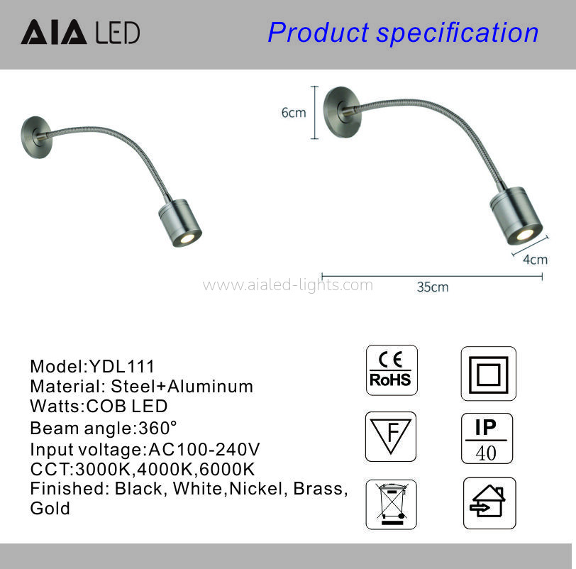 Resecced Wall Light 5W Gooseneck Flexible Adjustable Bedside Wall Lamp