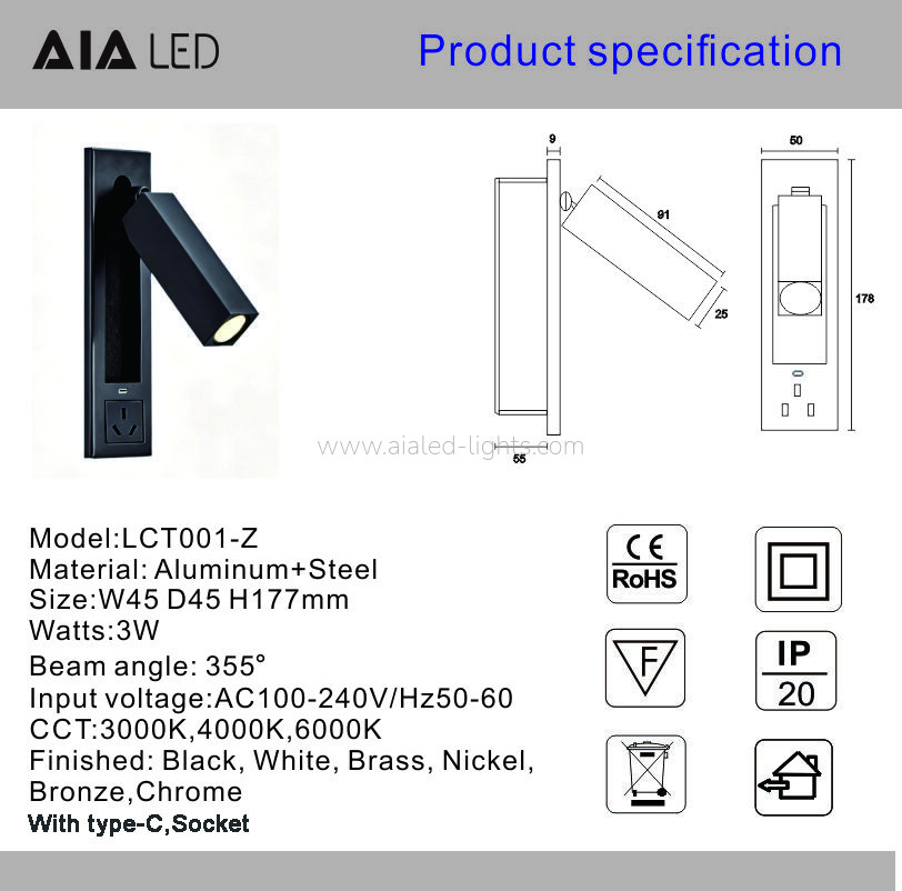 Type-C Bedside Wall Light Switch Socket Reading Light
