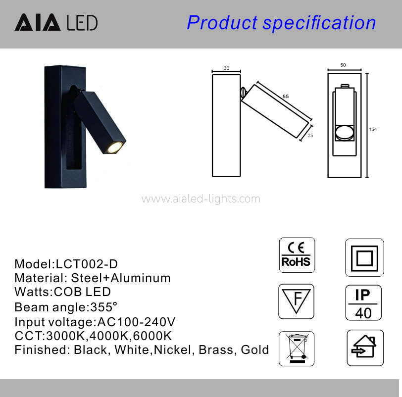 3W LED Reading Wall Lamp Hotel Project With Switch
