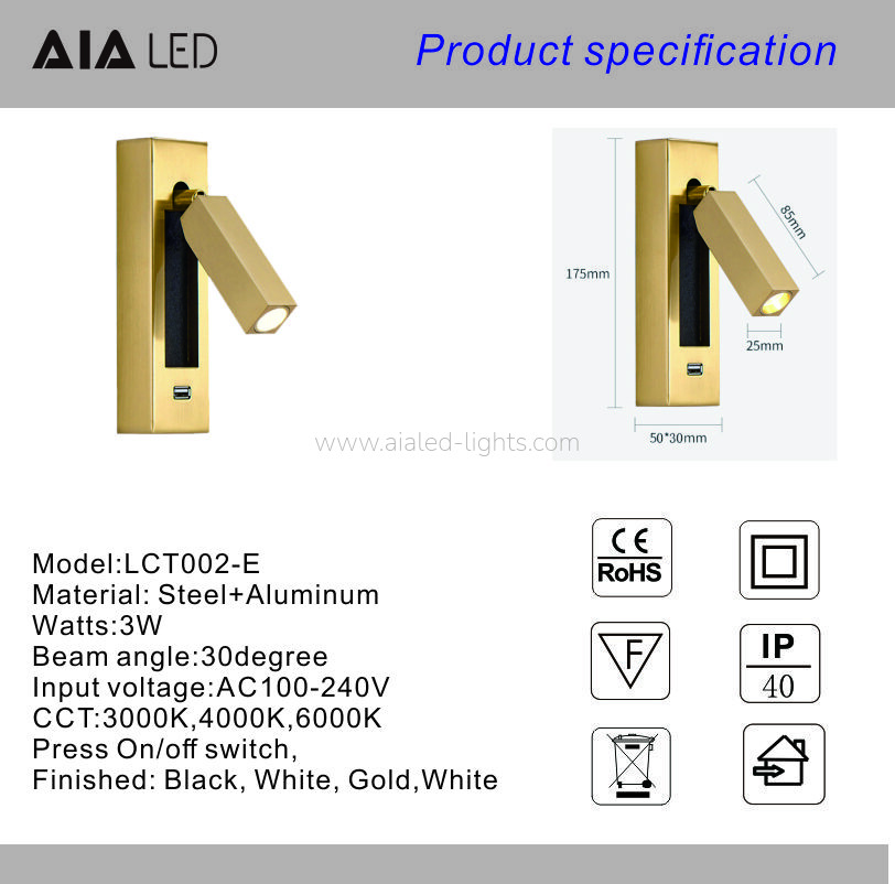 USB type-C Reading Wall Light for Hotel Villa Project