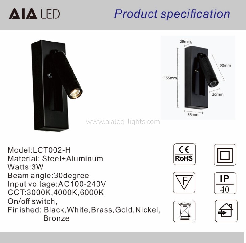 wall mounting 3w bed reading wall lamp with press switch for hotel villa project