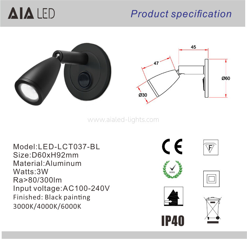 Circular 3W Flexible Reading Wall Lamp Bedside Headboard Wall Light