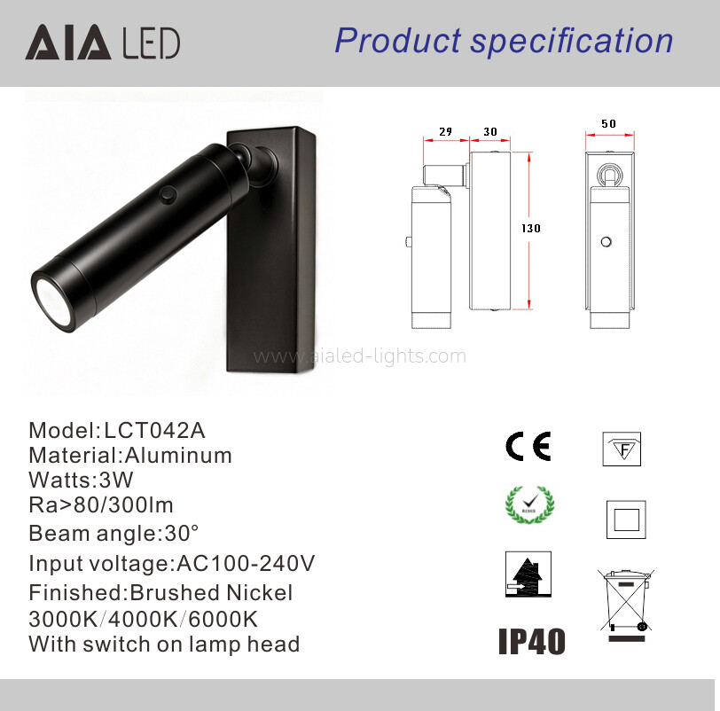 3W Adjustable Spotlight Bedside Reading Wall Lamp for Hotel Apartment