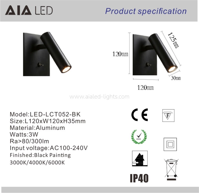 3W Square reading Wall Lamp Hotel Project On/Off Switch