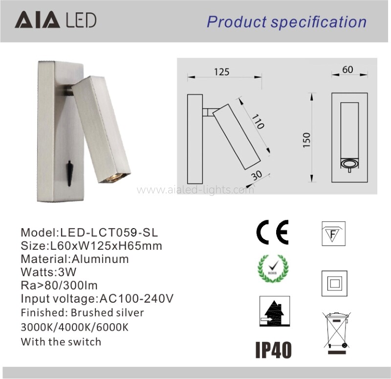3W Surface Mounting Wall Light Bedside Reading Wall Lamp Adjustable