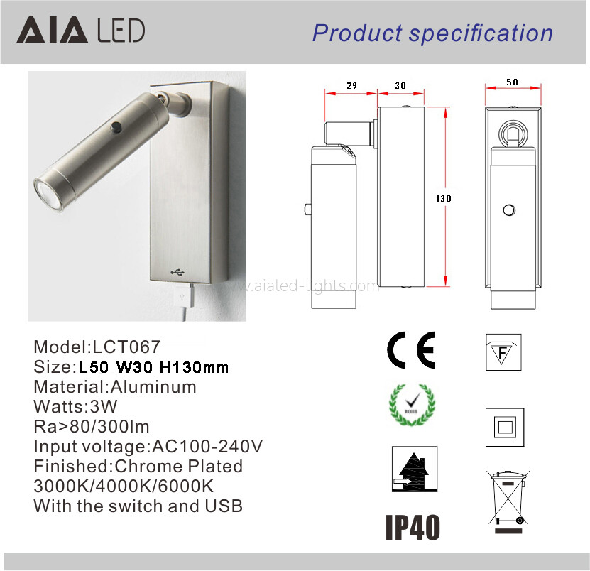 3W Flexible Bedroom Bedside Reading Wall Lamp for Coffee Room