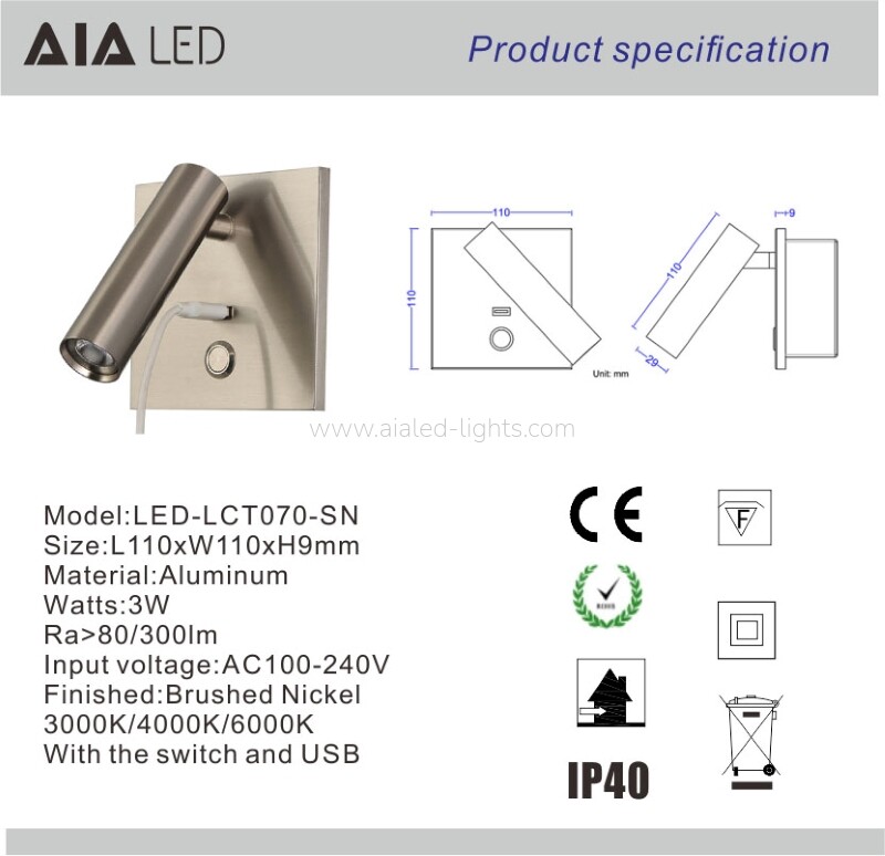 3W Modern Bedside Reading Wall Lamp Wall Fittingfor Library Hostel Room