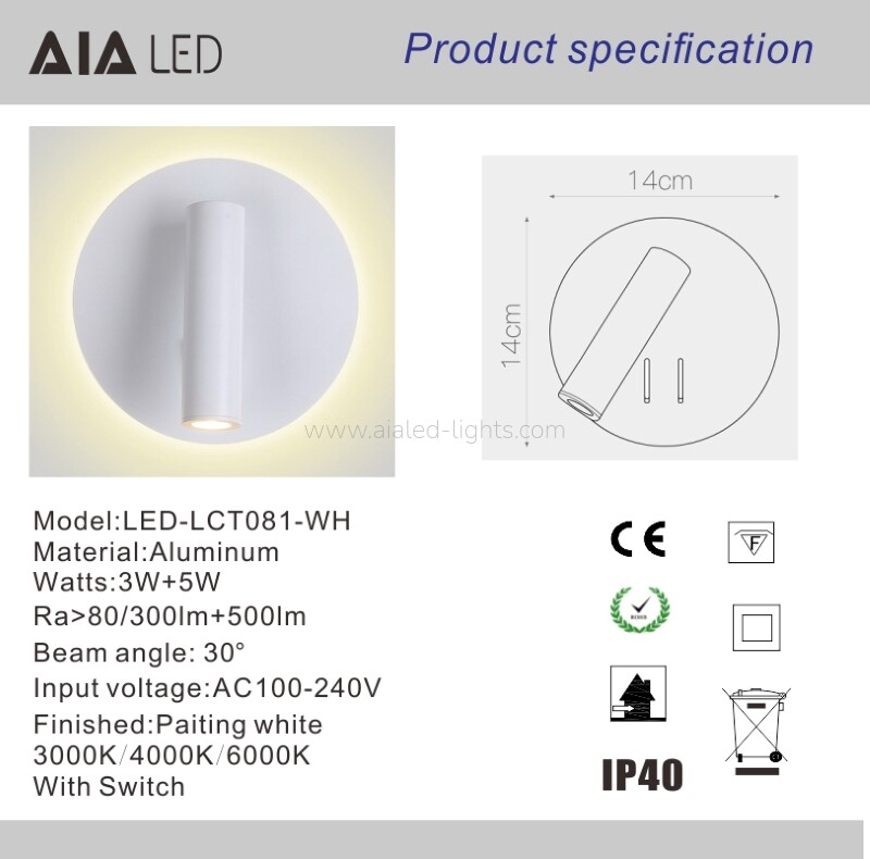 3W+6W Reading Wall SpotLight Hotel Bedside Wall Lamp with Backlight
