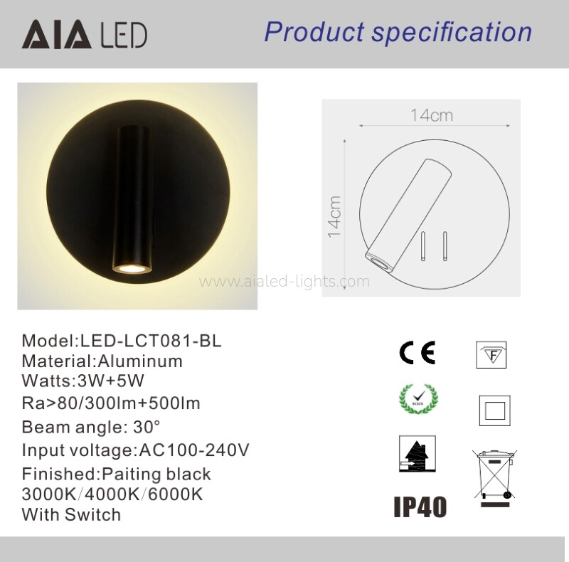 3W+6W Reading Wall SpotLight Hotel Bedside Wall Lamp with Backlight