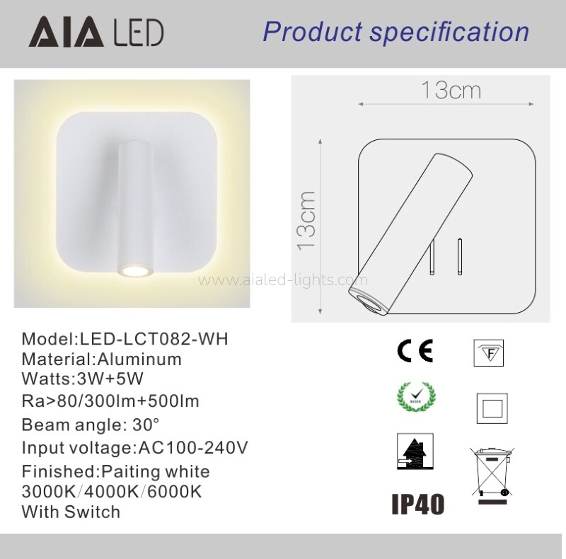 3w spotlight contemporary bed wall light with switch for hotel villa