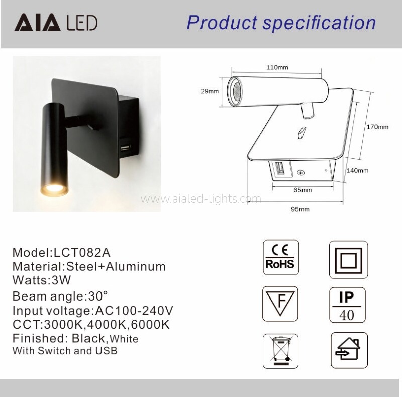 3W Rotate Hedaboard Reading Wall Lamp for Study Room
