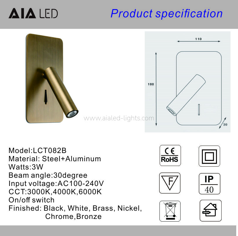 Hardwired Bedside Reading Wall Sconce 3W Wall Lamp for Hotel Guest Room