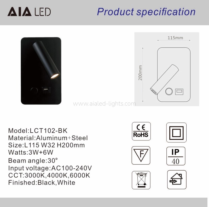 3W Wall Lamp Headboard Reading Wall Light Swtich Dimmable