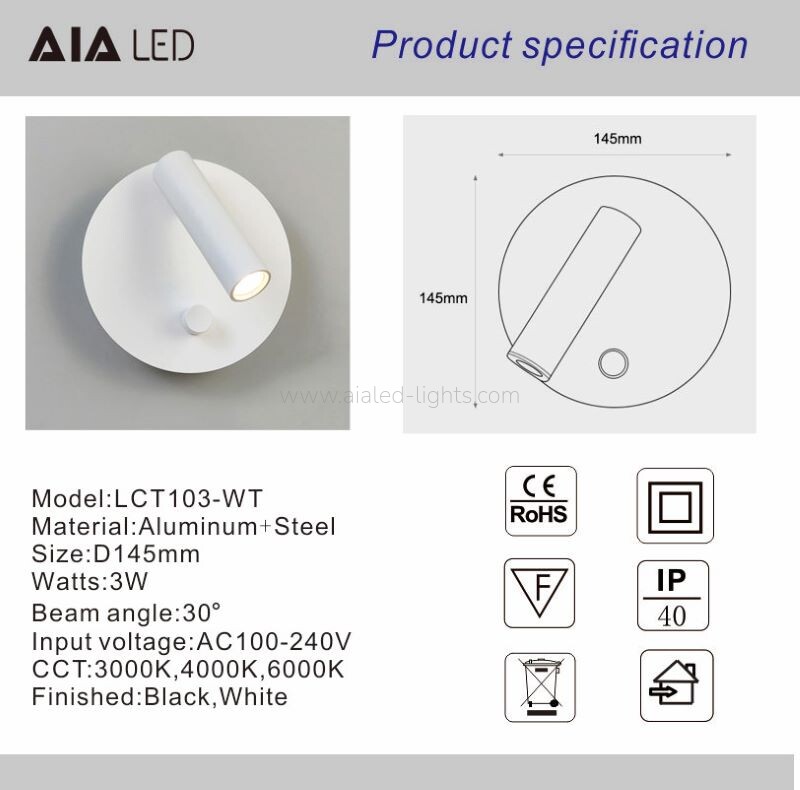 3W Wall Lamp Headboard Reading Wall Light Swtich Dimmable