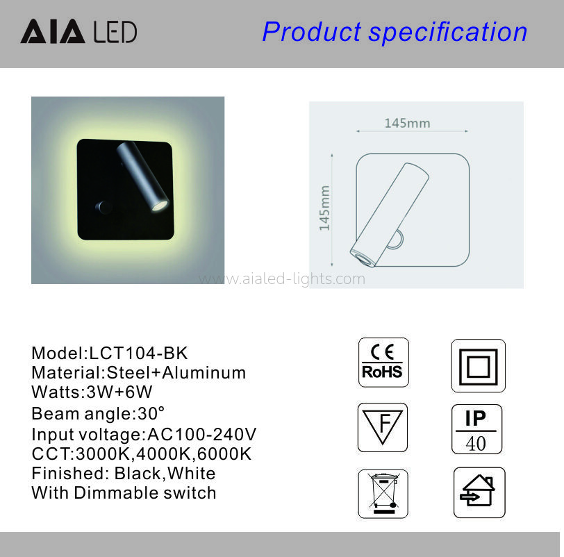 3W+6W Dimming Reading Wall Light Hotel Bedside Wall Lamp