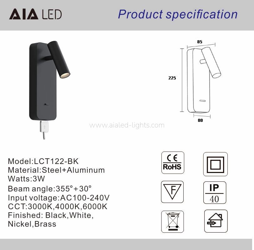 3W USB Type-C Bedroom Wall Lamp Reading Wall Light Flexible