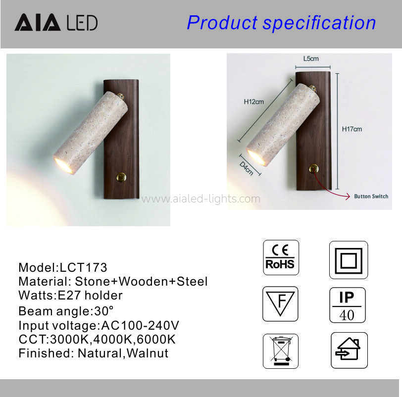 Travertine Wooden 3W bedside wall lamp reading Adjustable head wall light Travertine Wooden 3W bedside wall lamp reading Adjustable head wall light