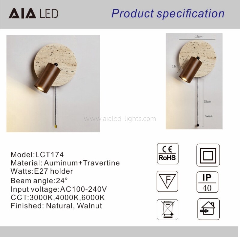 Travertine Wooden 3W Adjustable Bedside Reading wall light with Pull Chain switch travertine wooden 3w bedside wall lamp reading adjustable head wall light (复制)