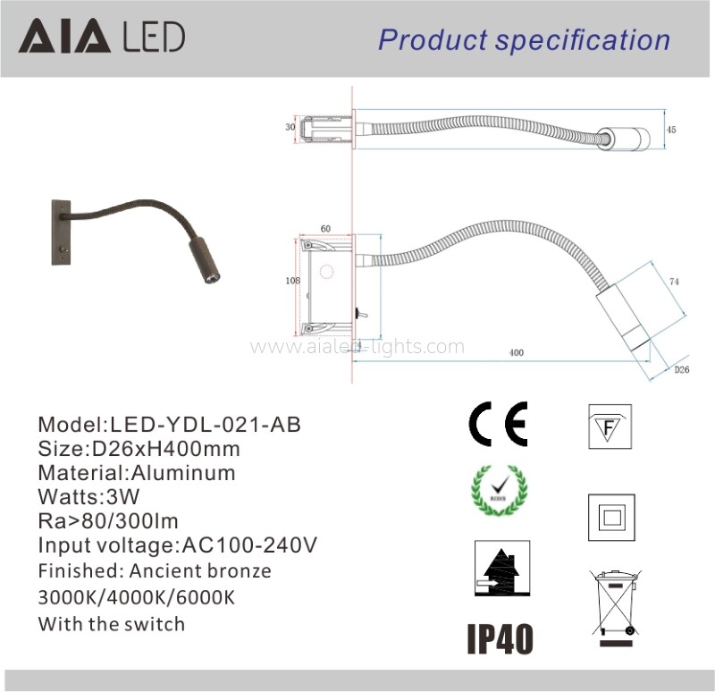 Swanneck Bed Wall Lamp 3W Recessed Wall Reading Lamp