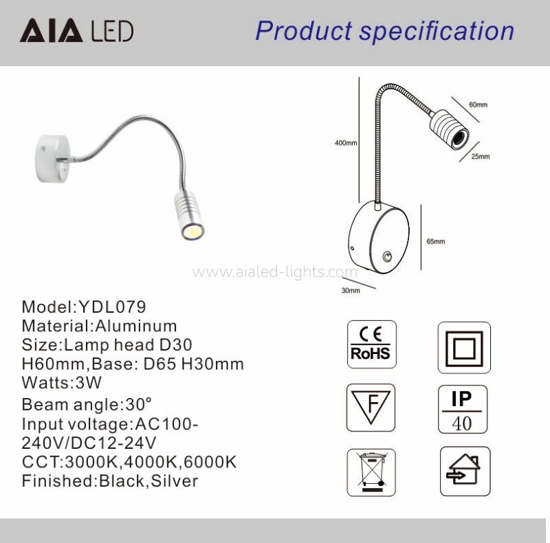 Gooseneck Wall Mount Hotel Wall Lamp 3W Flexible Spotlight Reading Light