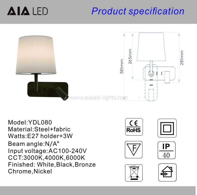 Wall Mounted 3W Reading Wall Light Fabric Shade E27 Wall Lamp