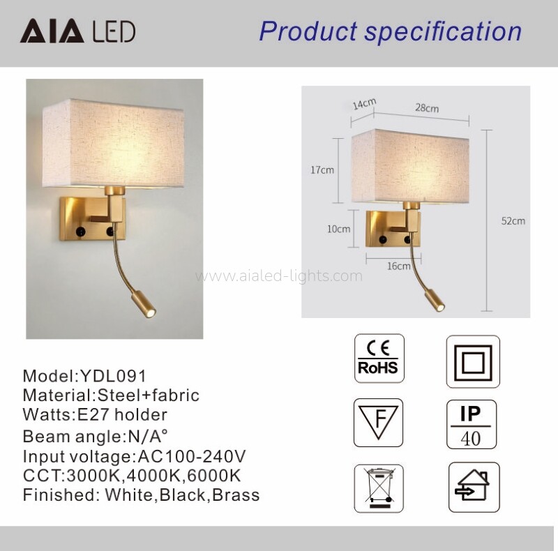 3W Spotlight Flexible Reading Lamp Fabric Shade E27 Wall Light