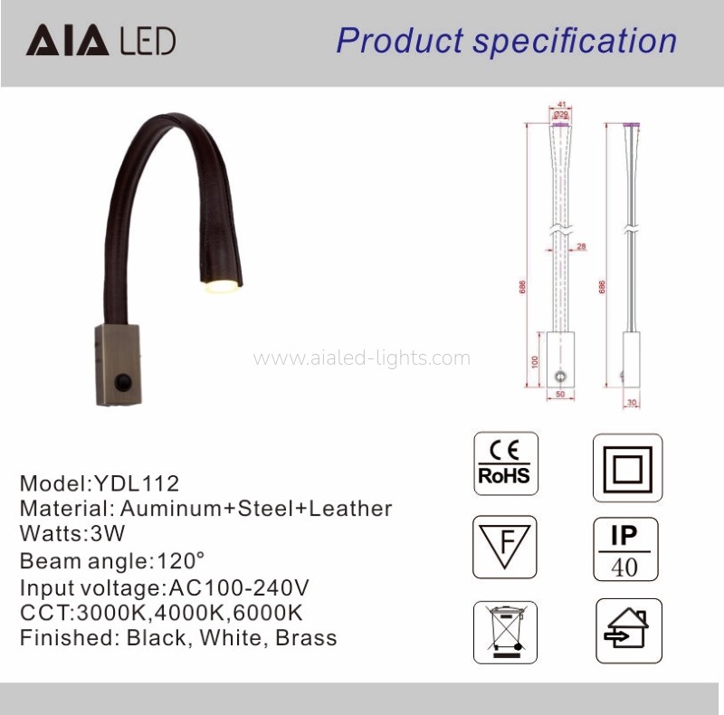 Leather Bedside Reading Wall Lamp Acrylic 3W Wall Lamp for Hotel