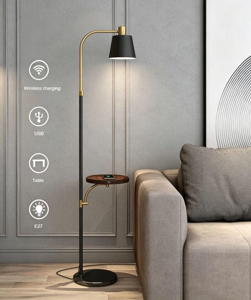Floor Lamp Wireless Charger E27 USB Metal Shade Standard Light for Resorts