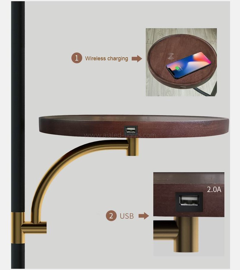 Floor Lamp Wireless Charger E27 USB Metal Shade Standard Light for Resorts